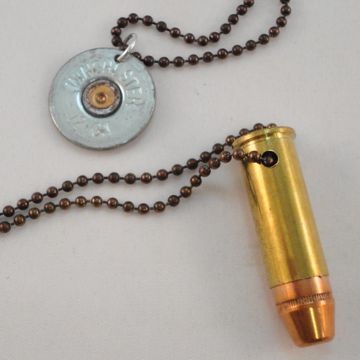 Necklace Set/2-Bullet Casing and Shell Cap on Metal Bead Chains